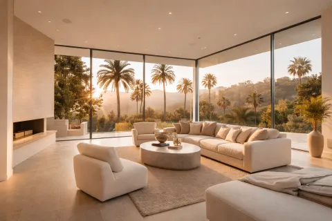 Luxury Beverly Hills living room with floor-to-ceiling smart glass windows showcasing clear views and switchable privacy