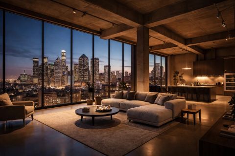 Smart glass for downtown LA offices — switchable PDLC smart glass on a DTLA office conference-room window in frosted privacy mode