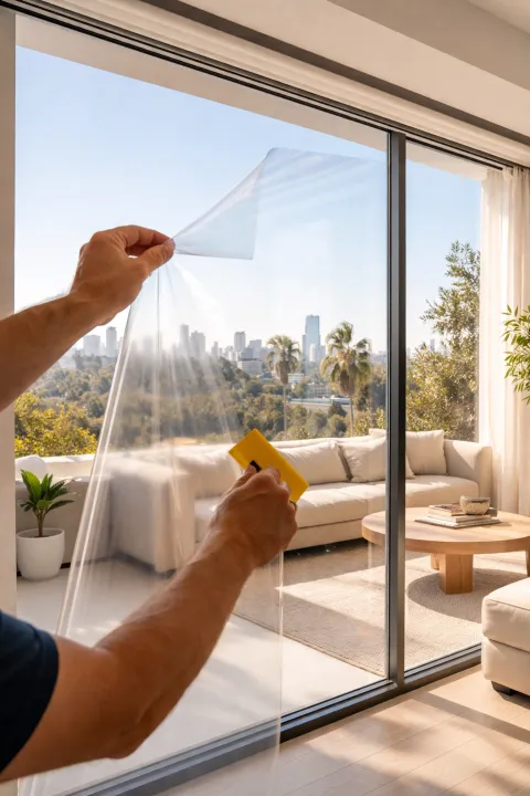 Technician installing smart film on a large living room window in Los Angeles, demonstrating the retrofit path