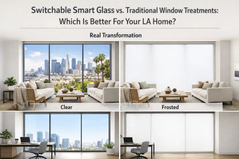 Smart glass instead of treatments — clear-mode switchable smart glass on an LA residential window demonstrating full daylight transmission without curtains or blinds