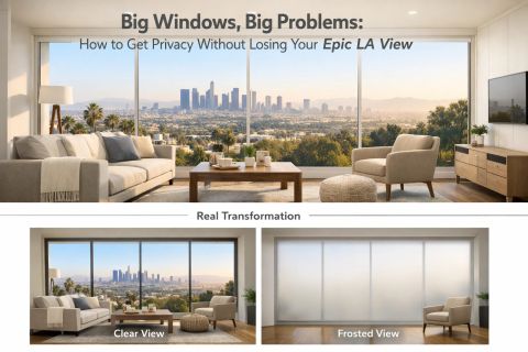 Smart film for big windows — large bay windows with switchable smart film install in a modern LA living room demonstrating oversized-panel spec discipline
