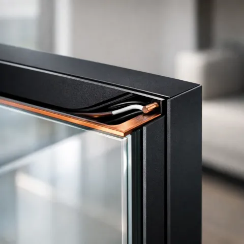 Concealed wiring and copper busbar for professional smart glass installation in a modern black window frame.