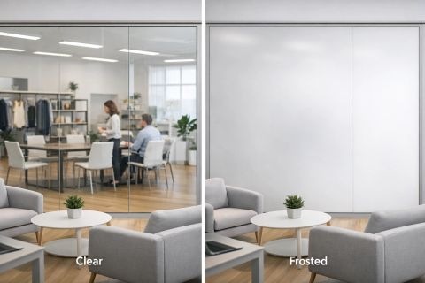 Smart film for workspace layouts — switchable smart film on a glass-walled conference room demonstrating instant privacy spec for reconfigurable LA office floor plans