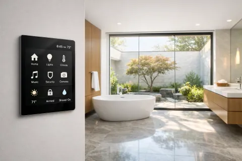 Smartphone touchpanel interface controlling a switchable smart glass window in a modern LA bathroom