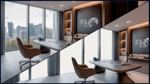 Executive office with smart glass windows shown in clear and frosted modes before and after activation.