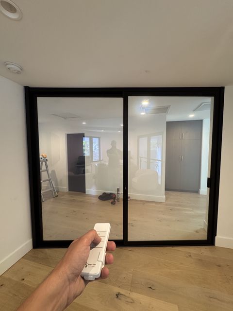 Smart glass home office in Huntington Beach shown in clear mode