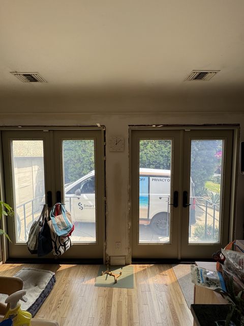 Switchable french doors installed in a Los Angeles home shown in clear mode