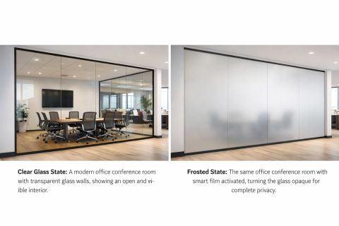 Commercial office smart film — switchable PDLC smart glass partition install on a modern LA Class A office during tenant-improvement renovation