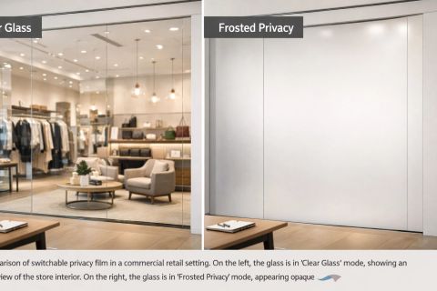 Switchable film for retail stores — switchable PDLC smart film on an LA commercial storefront glass front showing clear-mode visibility during business hours