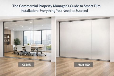 Smart film for property managers — switchable smart film retrofit preparation on a Class A LA office showing proper glass-prep discipline before application