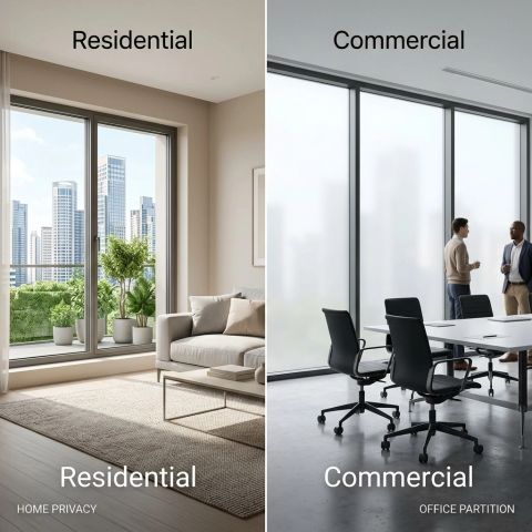 Home vs office smart glass — switchable PDLC smart glass partition comparing residential and commercial install patterns in Los Angeles