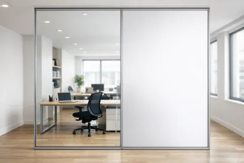Switchable smart glass partition showing clear and frosted privacy modes side by side, demonstrating multi-panel control coordination