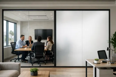 Modern LA office switchable smart film glass partition demonstrating proper control-path and driver placement