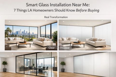 Vetting a smart glass installer — clear-mode switchable smart film on an LA residential bathroom window during install reference walkthrough
