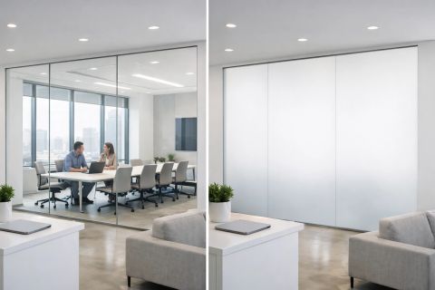 Smart glass office design — switchable smart film on a modern commercial conference room demonstrating privacy spec integrated at the architectural glazing level