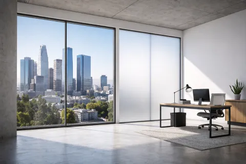 Modern Malibu home interior with two glass panels demonstrating switchable smart glass technology in clear and opaque states for view-and-privacy management