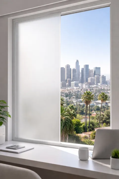 Switchable smart glass window showing clear and opaque states with a Los Angeles skyline