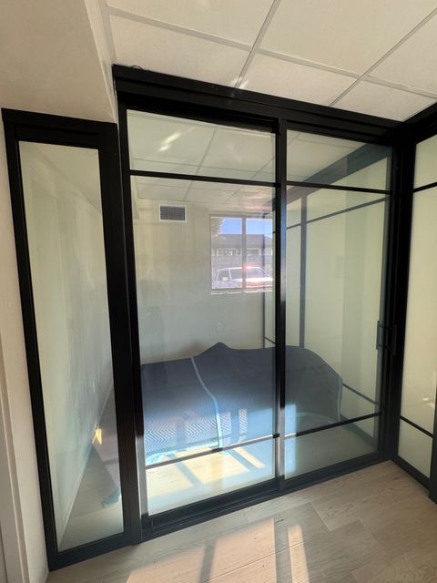 Clear-mode switchable smart glass on a creative home studio in Silver Lake demonstrating full daylight transmission