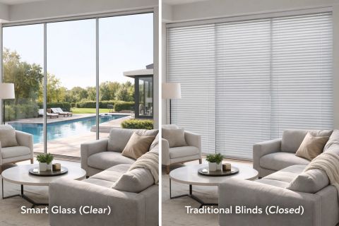 Smart glass vs blinds for homes — modern LA residential bathroom window with switchable PDLC smart film retrofit demonstrating frosted-mode privacy without blinds