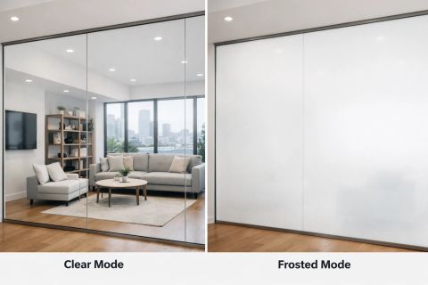 First time smart film install guide — switchable film applied to a modern LA glass wall ready for control test