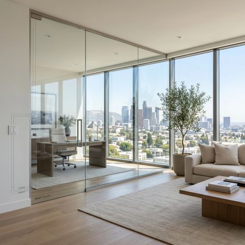 Switchable smart glass tips applied — modern executive office showing switchable smart film in clear and frosted modes after a quality install with proper glass-prep discipline