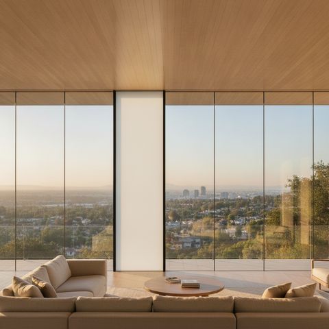 Illustration of two identical black-framed picture windows — one clear to a garden view, one switched to a flat, even milky-white privacy frost