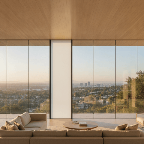Illustration: two identical black-framed picture windows side by side — one switched clear to a garden view, one switched to a flat, even milky-white privacy frost