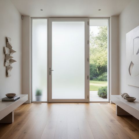 Residential glass front door with the door pane switched to a frosted privacy state while the clear sidelight beside it keeps the daylight