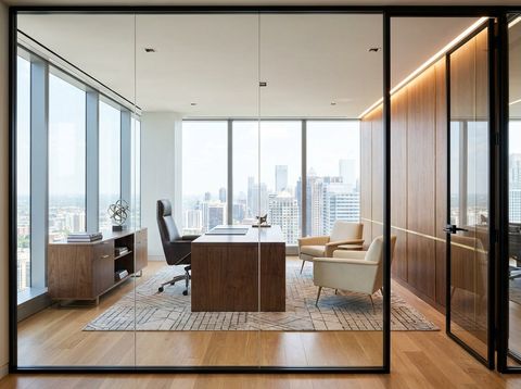 Luxury CEO executive office seen through a clear glass partition wall — desk, lounge chairs, and city view visible