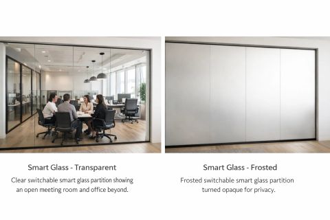 Smart glass for open offices — switchable PDLC smart glass enclosure on a conference room in an LA open-plan office layout