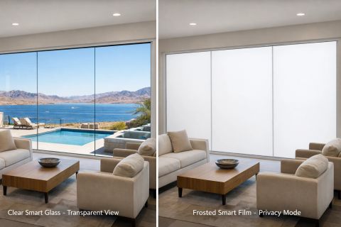 Smart glass Lake Havasu Arizona — switchable PDLC smart film windows in frosted privacy mode demonstrating product-ship-path install on a residential AZ project