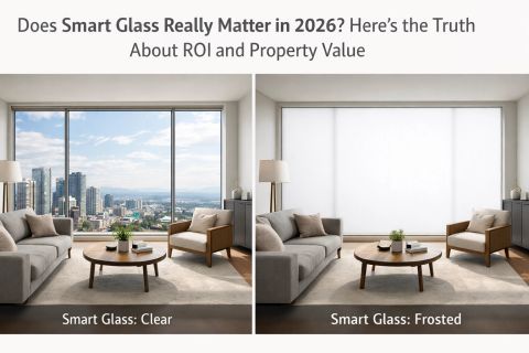 Smart glass ROI for 2026 — modern LA office partition with switchable smart film glass walls demonstrating Class A commercial spec that supports lease-up and tenant retention