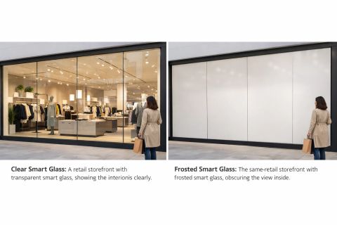 Modern retail storefront privacy — switchable smart film on a Reseda commercial storefront in clear and frosted modes