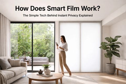 Smart film for instant privacy — switchable film on an LA window in frosted mode, phone-controlled