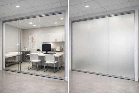 Smart glass for medical clinics — switchable PDLC glass partitions in a medical clinic hallway transitioning from clear to frosted for patient confidentiality