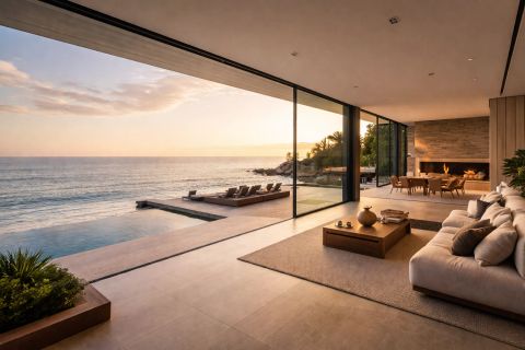 Malibu ocean-view smart glass — clear-mode switchable PDLC smart film on a Malibu home window showing full daylight transmission and unobstructed coastal views