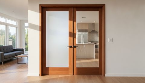 Illustration of a pair of matching glazed interior double doors, the left panel frosted an even flat milky white and the right panel clear with a kitchen visible through it, a wall switch beside the frame
