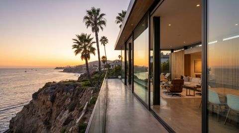 Luxury California coastal-bluff home with floor-to-ceiling clear switchable smart glass framing the Pacific Ocean and palms at golden hour
