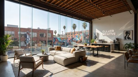 Culver City creative loft with a floor-to-ceiling clear switchable smart glass wall overlooking the arts district