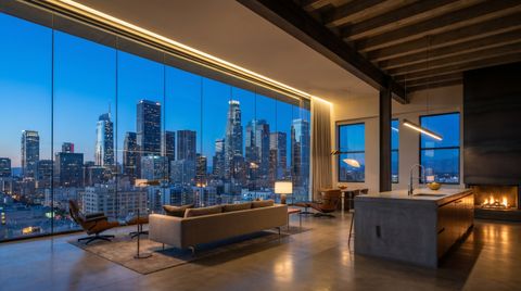 Downtown Los Angeles high-rise loft with a floor-to-ceiling clear switchable smart glass wall overlooking the skyline at blue hour