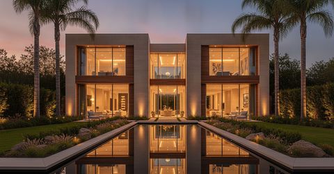 Modern Los Angeles luxury home with switchable smart glass windows shown clear, revealing the warmly lit interior