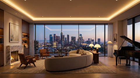 Los Angeles penthouse at dusk with a floor-to-ceiling clear switchable smart glass wall overlooking the downtown skyline