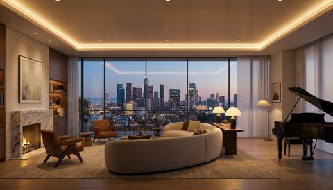 Los Angeles penthouse at dusk with a floor-to-ceiling clear switchable smart glass wall overlooking the downtown skyline — several glass panels switched to frosted privacy mode