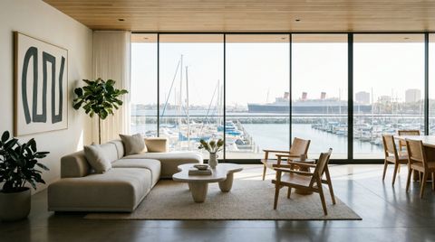 Long Beach waterfront condo with a floor-to-ceiling clear switchable smart glass wall overlooking the marina