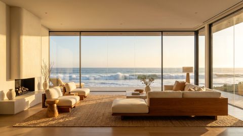 Malibu beachfront home with a floor-to-ceiling clear switchable smart glass wall opening to the Pacific Ocean at golden hour