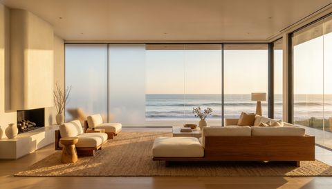 Malibu beachfront home with a floor-to-ceiling clear switchable smart glass wall opening to the Pacific Ocean at golden hour — several glass panels switched to frosted privacy mode