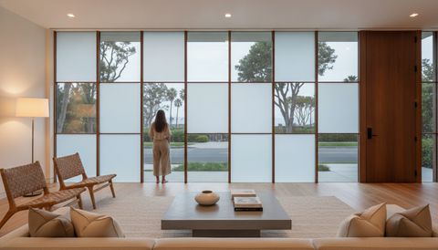Manhattan Beach great room with a wall of street-facing switchable smart glass windows and a front-door entry sidelight — half the panels crystal clear to the tree-lined street, half switched to flat, even, milky-white frosted privacy mode