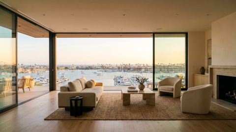 Luxury Orange County coastal living room with a floor-to-ceiling switchable smart glass wall opening onto a Newport Beach harbor view at golden hour