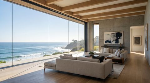 Pacific Palisades bluff-top home with a floor-to-ceiling clear switchable smart glass wall framing a Pacific Ocean view