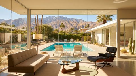 Palm Springs mid-century-modern desert home with a floor-to-ceiling clear switchable smart glass wall framing the mountains and pool